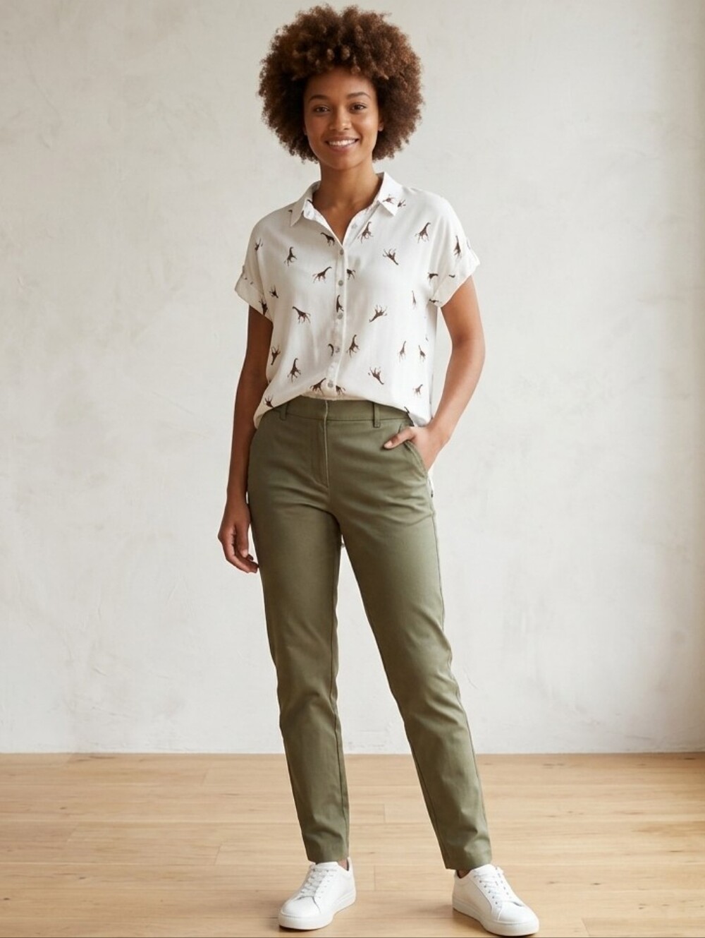 Jane and Delancey White Novelty Giraffe Print Button Down Short Sleeve Top